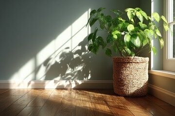 Leinwandbilder - Indoor green plant casting shadows on a wooden floor in a sunlit room during the afternoon