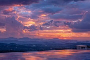Aufkleber - Stunning sunset over mountains with colorful clouds reflecting on glass surface