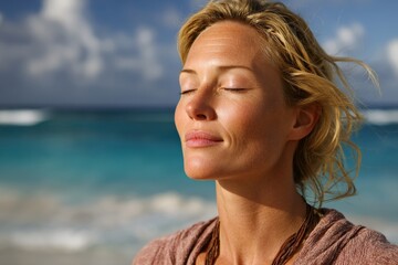 Aufkleber - Woman enjoying tranquility by the ocean while basking in sunlight and embracing the serene atmosphere in a coastal setting