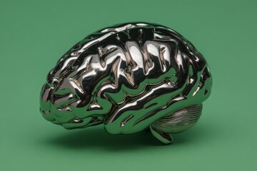 Fototapete - Sculpture of a shiny metallic brain on a green background showcasing intricate details
