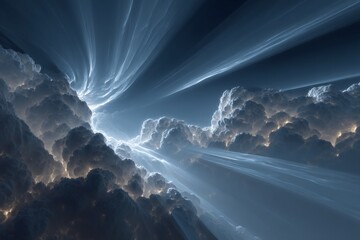 Poster - Dramatic clouds illuminated by rays of light during early morning in a serene sky