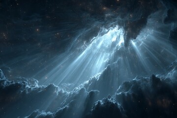 Poster - Dramatic cloud formations illuminated by celestial light beams in cosmic atmosphere