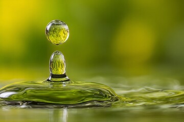Aufkleber - Water droplet creating ripple effect on surface with green background in soft focus