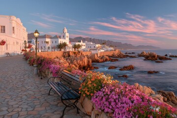 Aufkleber - Scenic waterfront walkway lined with flowers in a coastal town at sunset
