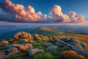 Aufkleber - Breathtaking sunset view from mountain peak with vibrant clouds and rocky foreground under colorful sky