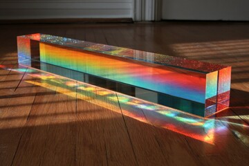 Poster - Ray of colors refracted through a clear crystal prism on wooden floor in bright sunlight