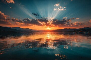 Aufkleber - Stunning sunset over calm water surrounded by mountains reflects colorful sky in the evening