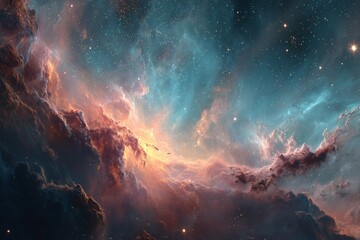 Aufkleber - Vibrant cosmic nebula glowing in the vastness of space, showcasing bright colors and intricate gas formations near distant stars