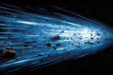 Aufkleber - Asteroid belt with glowing streaks of cosmic energy navigating through space