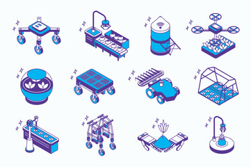 Fototapete - Agriculture robotization concept 3d isometric icons set for web isometry design. Collection elements of drone, conveyor belt with robotic arms, robot technology, automation, more. Vector illustration.