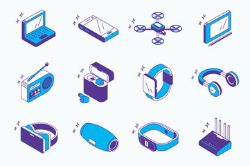 Leinwandbilder - Devices and gadgets concept 3d isometric icons set for web isometry design. Collection elements of laptop, smartphone, drone, tablet and stylus, smart watch, vr headset, more. Vector illustration.