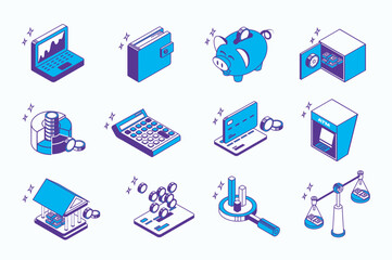 Aufkleber - Finance management concept 3d isometric icons set for web isometry design. Collection elements of graphs, finance, piggy bank, banking safe, money, calculator, credit card, more. Vector illustration.