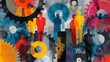 © Taras Vykhopen - Business professionals amid colorful gears symbolizing teamwork and innovation