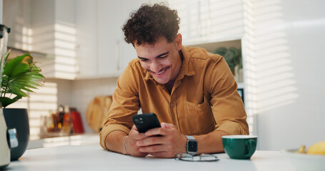 Aufkleber - Home, smile and man on smartphone in kitchen for communication, morning news and message. Reading, online and happy person on mobile for texting, social media and website to download application