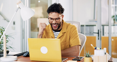 Aufkleber - Man, promotion and winning with laptop, fist pump and good news for prize or online offer at office. Excited person, employee and smile on computer for special deal, celebration or promo at workplace