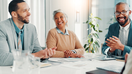 Poster - Applause, interview and recruitment with business people in boardroom of office for hiring success. Clapping, human resources and opportunity with employee team speaking to candidate for job vacancy