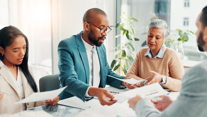 Poster - Documents, interview and resume with business people in boardroom of office for hiring process. Human resources, opportunity and recruitment with employee team speaking to candidate for job vacancy