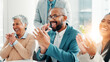© peopleimages.com - Business people, laughing or audience clapping for support, success or celebrate milestone at conference. Humor, funny joke or team applause for goal, praise or achievement for excellence at meeting