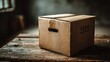 © huiying - Cardboard box placed on warehouse table under soft overhead lighting viewed from 45-degree angle with minimal background, storage and packaging concept in industrial environment for shipping and logis