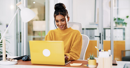 Poster - Office, businesswoman and reading with laptop for creative agency, article information and publication. Career, female person and content writer with tech for copywriting, blog post or smile for news