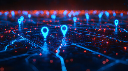 Wall Mural - abstract network map with glowing location pins and connecting lines.