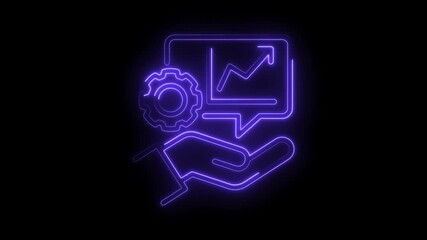 Neon business growth graph with gear on hand icon glows on black background