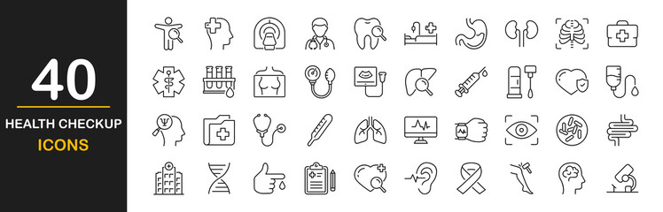 health checkup icon set. contains such icons as hospital, doctor, nurse, stethoscope, instruments, r