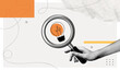 © accogliente - Trendy Halftone Collage Search idea. Hand holding magnifying glass with lightbulb. Creative vision and thinking. Business insights and solutions. Find target. Contemporary vector illustration art