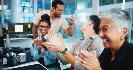 Aufkleber - Office, business people and computer with applause for celebration, motivation and coding team. Night, collaboration and programmers with clapping hands for programming success, support and excited
