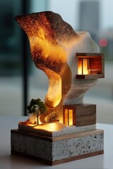 Poster - Glowing Abstract Sculpture With Miniature Tree and House, Representing Architectural Innovation and Sustainable Living in a Modern Art Form : Generative AI