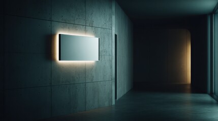 Poster - Illuminated Sign on Concrete Wall in Modern Interior, Ideal for Advertising and Corporate Communication Messages, Showcasing Innovation and Sophistication : Generative AI