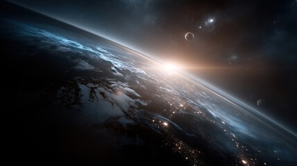 Poster - Sunrise Over Earth From Space With Moon, Representing Exploration and Environmental Awareness, Suitable For Science and Technology Presentations : Generative AI