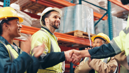 Poster - People, logistics and happy in warehouse with handshake, business deal and colleague support with applause. Distribution team, shaking hands and excited in factory with smile for new export agreement