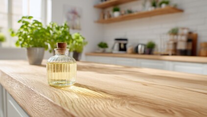 Aufkleber - Essential Oil Bottle on Kitchen Counter in Bright Daylight, Representing Wellness and Natural Home Fragrance for Interior Design and Lifestyle Advertising : Generative AI