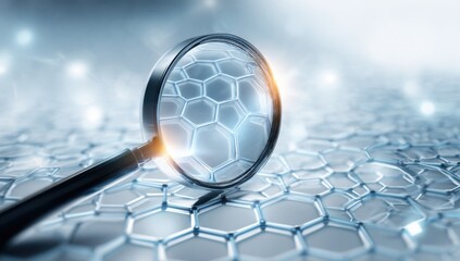 Fototapete - Magnifying Glass Over Hexagonal Structure, Symbolizing Scientific Research and Data Analysis for Pharmaceutical Innovation and Technological Advancement : Generative AI
