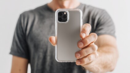 Poster - Man Holding Smartphone with Clear Case in Hand, Displaying Mobile Technology and Communication Solutions, Perfect for Product Presentation : Generative AI