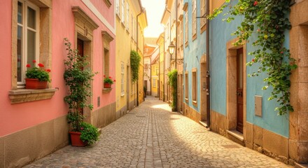  Sunlit cobblestone lane, pastel-hued houses, vibrant flowers in window boxes