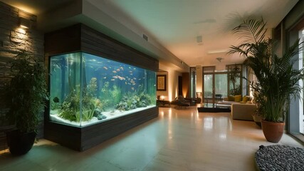 Poster - An elegant interior features a large aquarium filled with colorful exotic fish, creating a calming atmosphere. Lush plants and a modern design enhance the serenity of the living space.