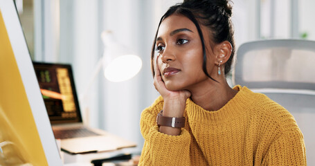 Aufkleber - Creative, woman and bored with computer in office for software design, deadline procrastination and low energy. Web designer, employee and tired at agency for site development, fatigue and exhausted