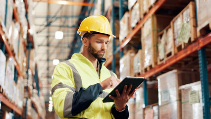 Poster - Man, tablet or distribution with inspection at plant, shipping information scroll or schedule for quality control. Logistics, supplier or delivery report on tech for inventory management at warehouse