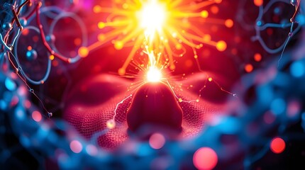 Wall Mural - A vibrant burst of light radiates from above, illuminating a face with closed eyes, surrounded by abstract, colorful patterns. The composition gives an impression of deep thought or meditation 