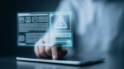 Wall Mural - digital warning: a person's finger interacts with a futuristic screen, indicating a significant warn