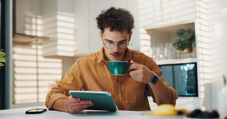 Aufkleber - Home, coffee and man with tablet, internet and online reading with morning news. Apartment, tech and person in kitchen, connection and herbal tea with social media, email notification and mocha brew