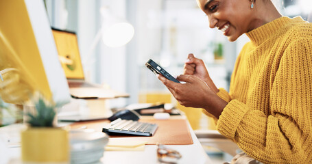 Aufkleber - Woman, phone and excited for creative, research or newsletter approval at office desk. Person, writer or editor with celebration for copywriting website, social media or email for news business