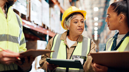Aufkleber - Distribution, tablet and team in factory, clipboard and conversation with planning for inventory. Group, manager and people with tech, mentor and advice for inspection, logistics and quality check