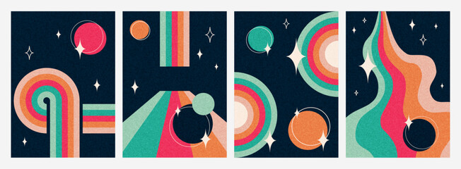 Wall Mural - cosmic retro posters and y2k space backgrounds with striped abstract elements and planet drawings wi