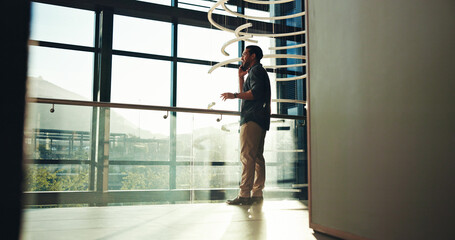 Leinwandbilder - Phone call, office and business man in lobby in discussion for appointment, schedule and contact. Professional worker, corporate and person on smartphone for conversation, connection and networking