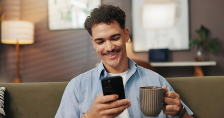 Poster - Relax, coffee and happy man with phone in home for communication, chat and reading message on app. Sofa, drink tea and person with mobile for social media, website and check morning news on internet