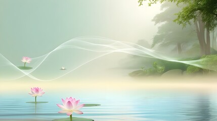 Wall Mural - delicate pink lotus flowers float gracefully on a serene body of water, surrounded by gentle mist an