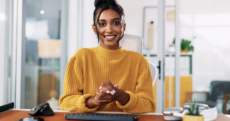 Aufkleber - Woman, portrait and video call with smile for presentation, webinar or virtual meeting. Happy, female person or creative employee with POV for online communication or discussion at workplace office